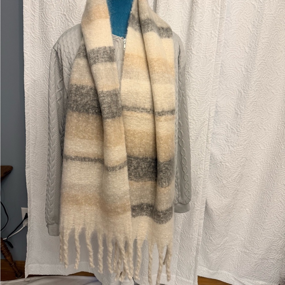 Montana Neutral Stripes Fluffy Scarf Cozy Plaid Scarf with Fringe NWOT
